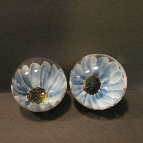 set of 2 4 inch glass ball blue and white flower painted inside decorative orb - Picture 1 of 10
